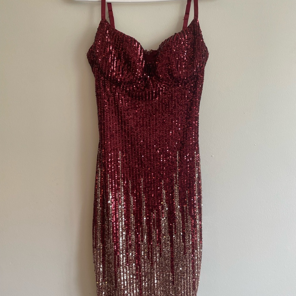 Fashion Nova Burgundy and Gold Sequin Mini Dress